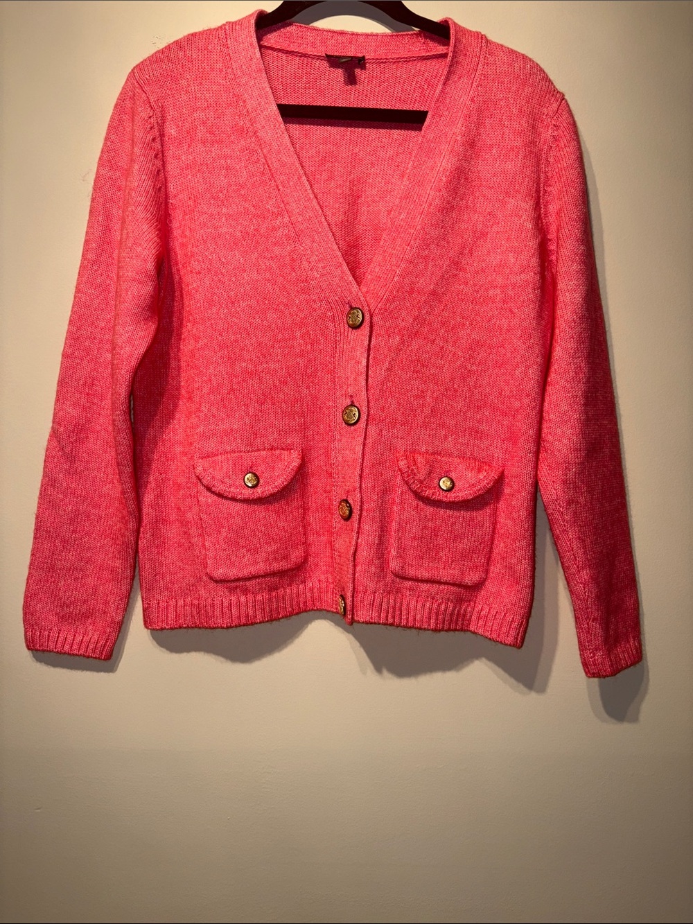 Talbots Coral Pink V-Neck Button Front Pocket Cardigan